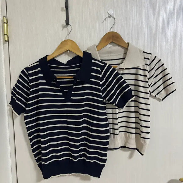 [BUNJANG] Striped Short Sleeve Knit Top / 단가라 반팔 니트