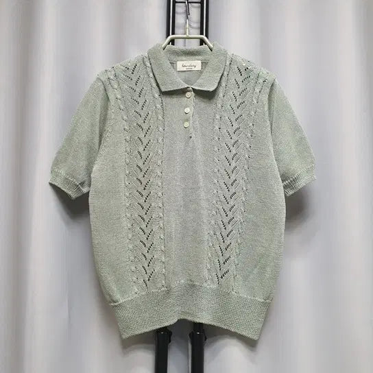 [BUNJANG] Mint Crochet Punching Collar Knit T-shirt / 반팔 크로쉐 펀칭 카라 니트