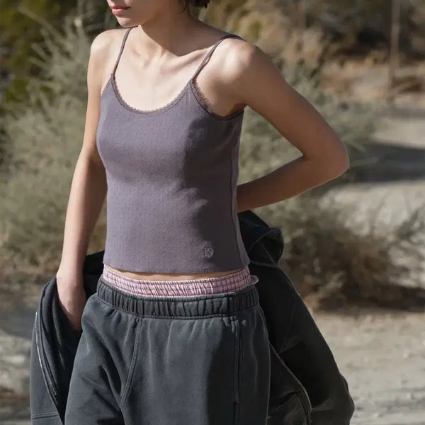 [BUNJANG] Low Classic Pointelle Lace Sleeveless Top Charcoal / Lc 로우클래식 포인텔 레이스 슬리브리스 나시 차콜