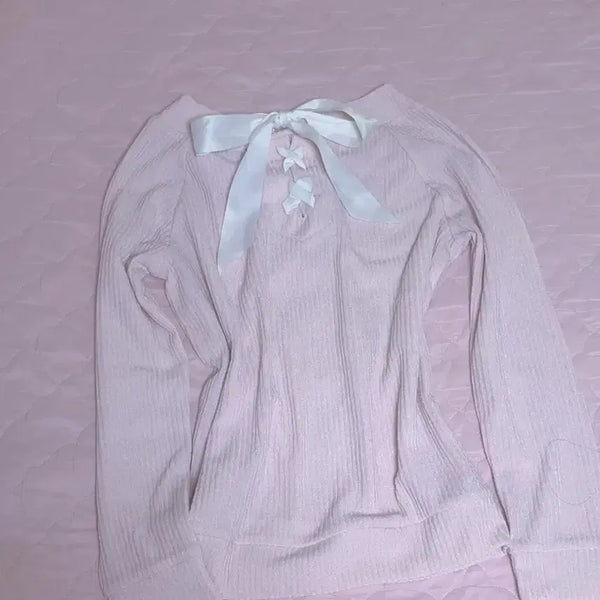 [BUNJANG] Ingni Pink Knit with White Ribbon / Ingni 잉그니 연핑크 딸기우유 백리본 여리 니트 히메오네갸루리즈리사