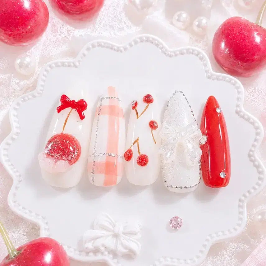 [BUNJANG] Handmade Cherry Pie Picnic Nail Tips with Ribbon and Lolita Accents / 체리 파이를 들고 피크닉을 가자 수제네일팁/리본/허비아카/롤리타