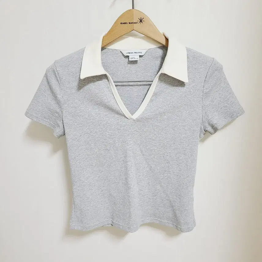 [BUNJANG] URBAN REVIVO Women's Size S Gray Collar Cropped Short-Sleeve T-Shirt / 여성S 55 URBAN REVIVO 카라 크롭 반팔티 그레이 스판 티셔츠