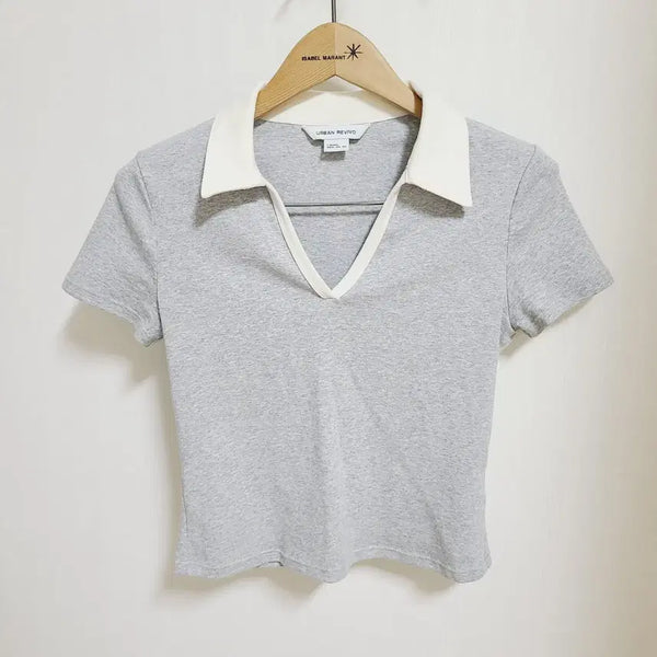 [BUNJANG] URBAN REVIVO Women's Size S Gray Collar Cropped Short-Sleeve T-Shirt / 여성S 55 URBAN REVIVO 카라 크롭 반팔티 그레이 스판 티셔츠