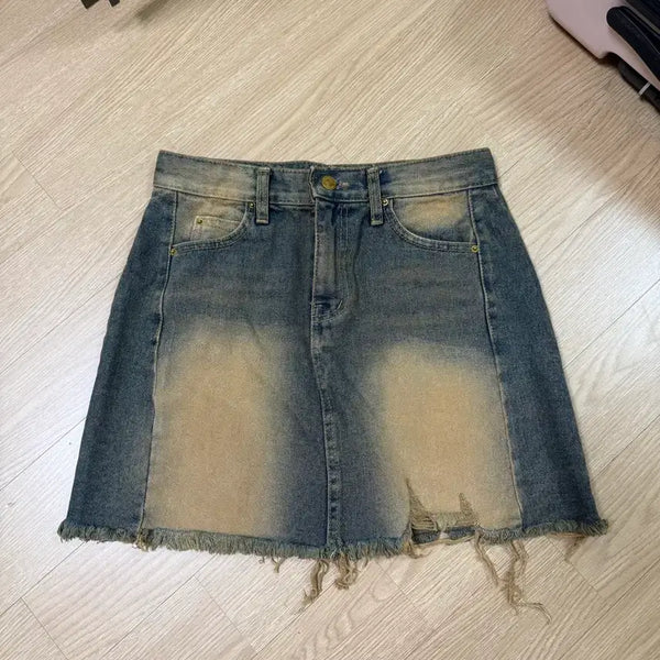 [BUNJANG] Washed Cut Denim Skirt (M) / 데님 스커트 워싱 컷팅 M