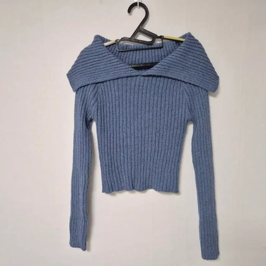 [BUNJANG] Off-Shoulder Ribbed Knit Blue S / 새싱품 오프숄더 골지 니트 블루 S