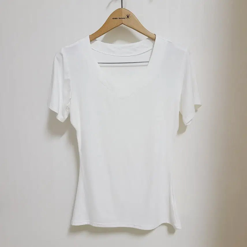 [BUNJANG] Women's Slim Fit V-Neck Short Sleeve T-Shirt White / 여성S 55 화이트 브이넥 잘록 슬림핏 쫀쫀 몸매보정 스판 반팔 아이보리