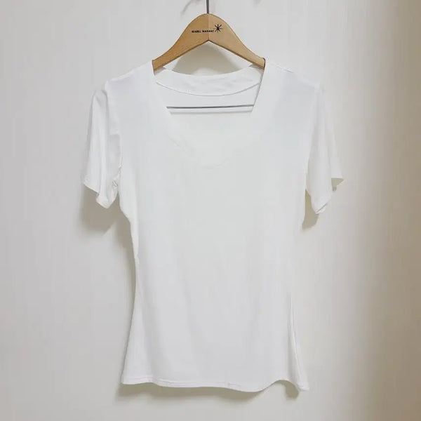[BUNJANG] Women's Slim Fit V-Neck Short Sleeve T-Shirt White / 여성S 55 화이트 브이넥 잘록 슬림핏 쫀쫀 몸매보정 스판 반팔 아이보리