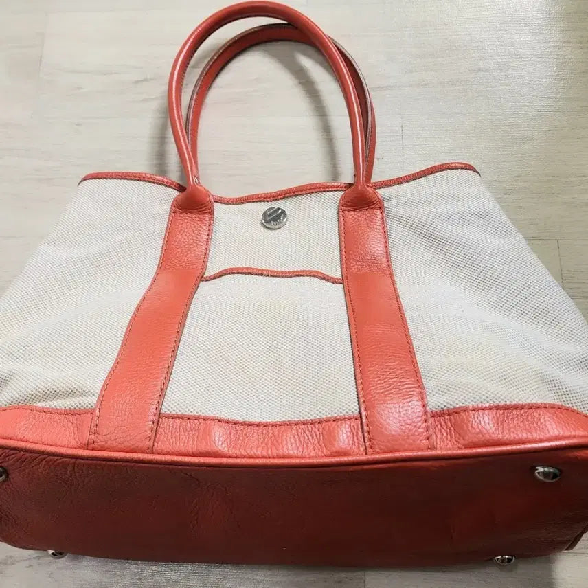 [BUNJANG] Coral Leather Color Block Canvas Tote Bag / 토트백 캔버스 가죽 배색  coral