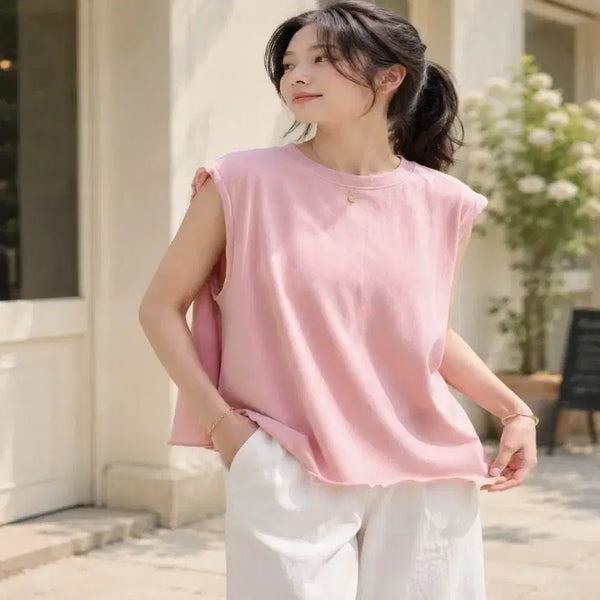 [BUNJANG] 100% Cotton Wide Cap Sleeve Loose Fit Sleeveless T-Shirt / [새상품] 면100% 반전뒷태 와이드 루즈핏 캡소매 민소매 나시 티셔츠