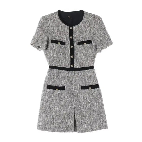[BUNJANG] Maje Gold Button Tweed Mini Dress / 마쥬 트위드 골드 버튼 트위드 반팔 미니 원피스 36