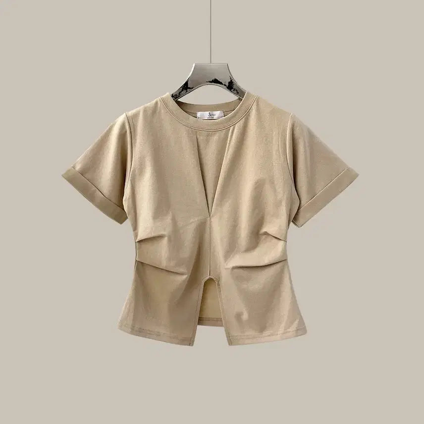 [BUNJANG] Shirring Short Sleeve T-Shirt with Round Slit / *굿바이세일* 슬림핏 라운드 트임 셔링 반팔 티셔츠 (T5061)