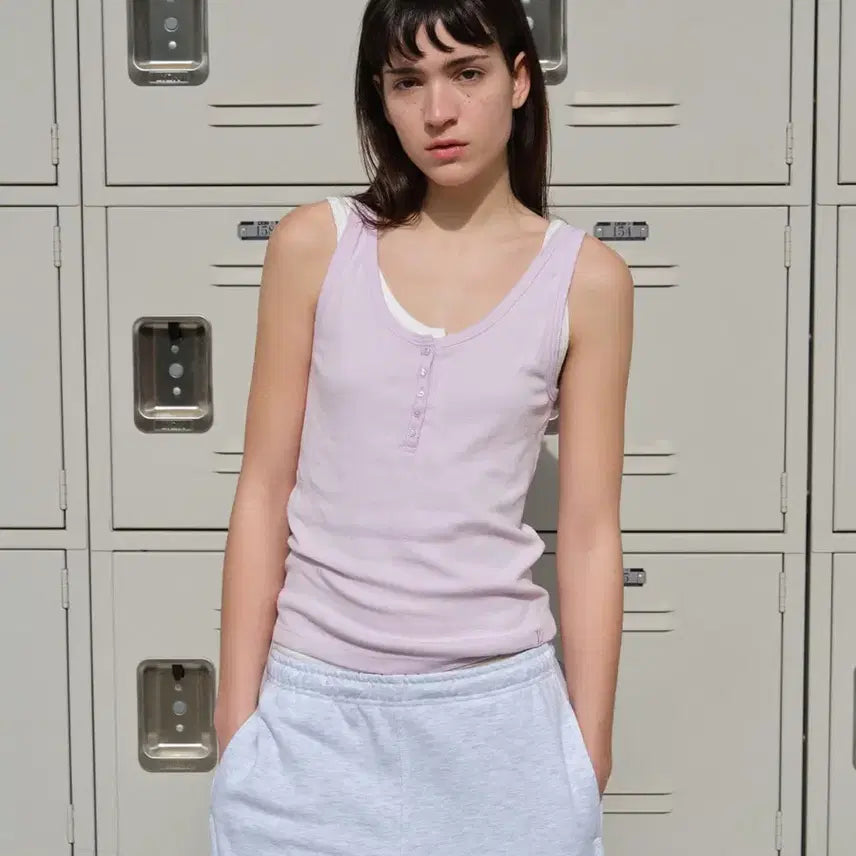 [BUNJANG] Low Classic Sleeveless Henley Neck Top Light Pink / Lc 로우클래식 슬리브리스 헨리넥 티 나시 탑 라이트 핑크 로클