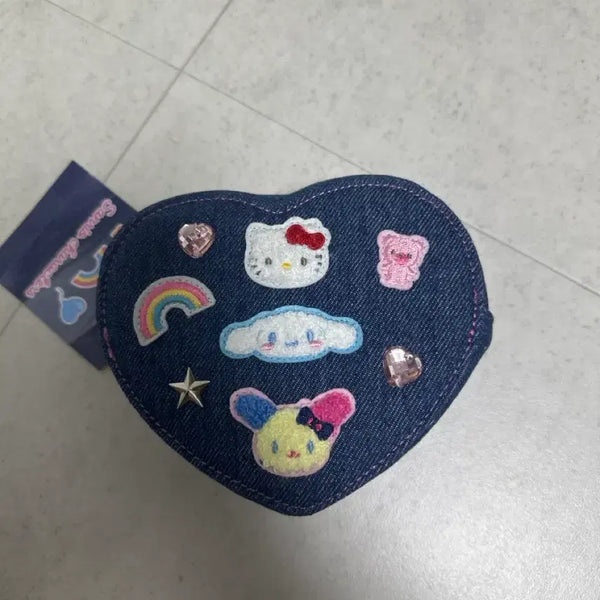 [BUNJANG] Sanrio Denim Heart Pouch with Character Wappenings / 산리오파우치