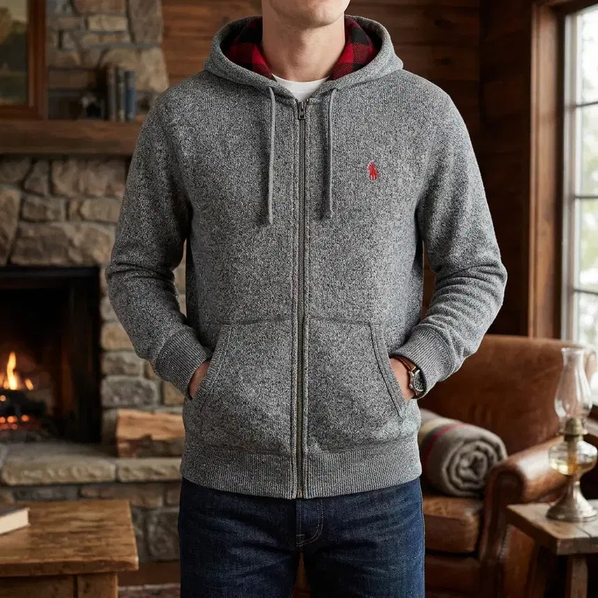 [BUNJANG] Polo Ralph Lauren Grey Fleece Lined Hooded Zip-Up Jacket / 폴로 랄프로렌 기모 체크 안감 후드 집업 그레이 M