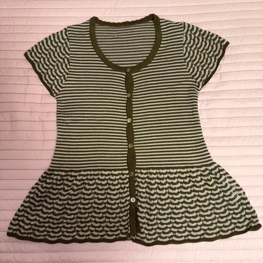 [BUNJANG] Vintage Mori Girl Khaki Brown Stripe Knit Short Sleeve Cardigan / 빈티지 모리걸 하구미 카키브라운 스트라이프 니트 반팔 가디건