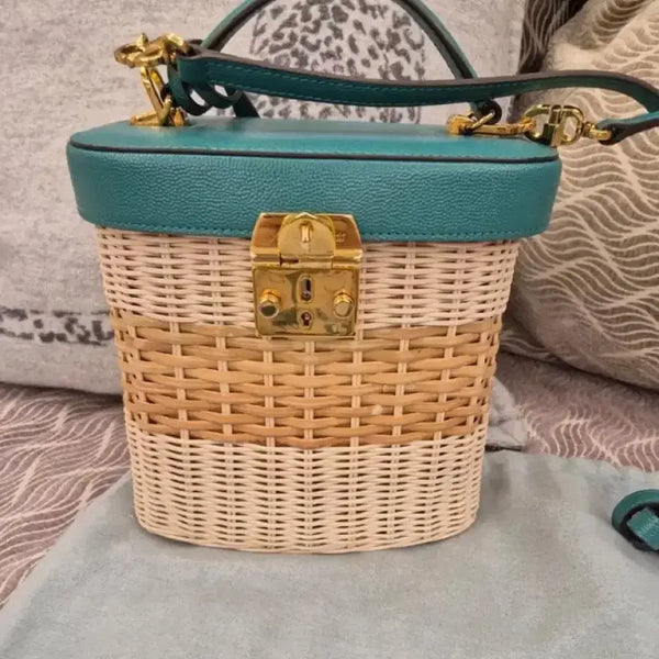 [BUNJANG] Mark Cross Benchley Green Leather Top Rattan Bag / MARK CROSS 마크크로스 Benchley 그린 레더탑 라탄백