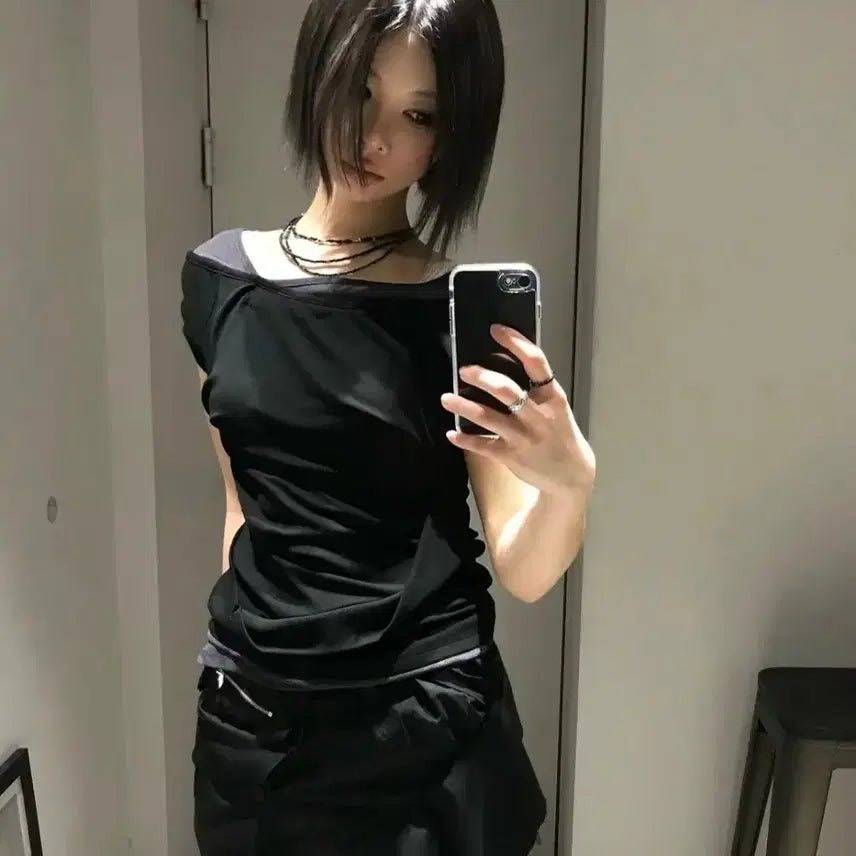 [BUNJANG] Flare Up Layered 2-Layered Top Black / 플레어업 레이어드 2-Layered Top (FL-141) 블랙/챠콜