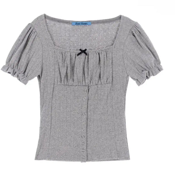 [BUNJANG] Rose Franz Shirring Ribbon T-Shirt Gray / 로제프란츠 셔링 리본 티셔츠 그레이