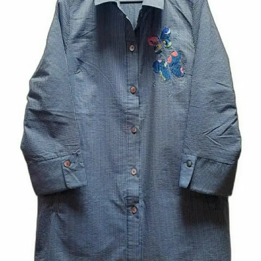 [BUNJANG] Kim Chang Sook Boutique Navy Seersucker Check Shirt (Size L) / 새상품/나비패치 체크셔츠