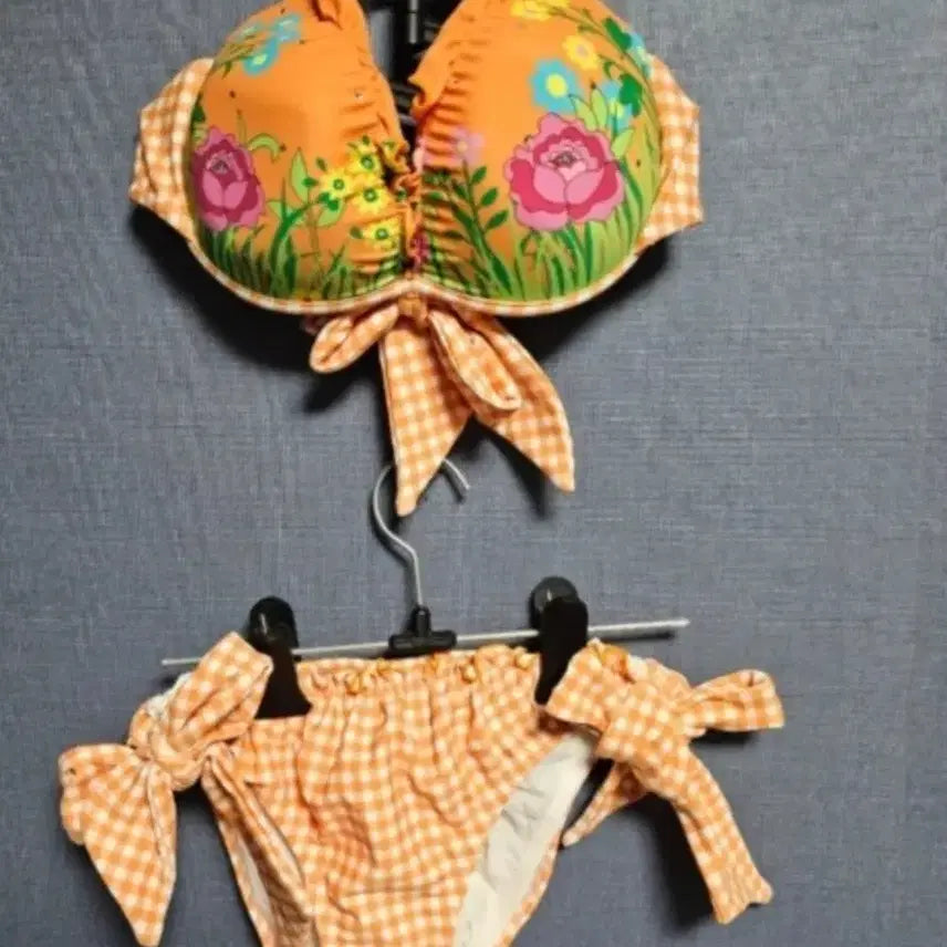 [BUNJANG] Orange Check Floral Bikini / 오렌지 체크 플로럴 비키니