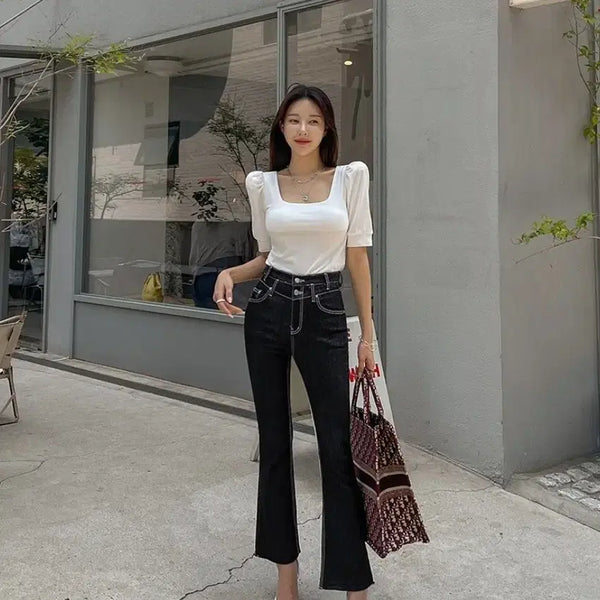 [BUNJANG] Dabagirl Dark Wash Two-Button Semi-Bootcut Jeans (Up to Size M) / 진청 투버튼 세미부츠컷 팬츠 청바지(~66사이즈)