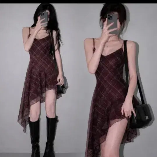 [BUNJANG] Summer Check Chiffon Ribbon Asymmetrical Ruffle Cami Dress / 여름 체크 쉬폰 허리끈 언발 프릴 끈나시 원피스