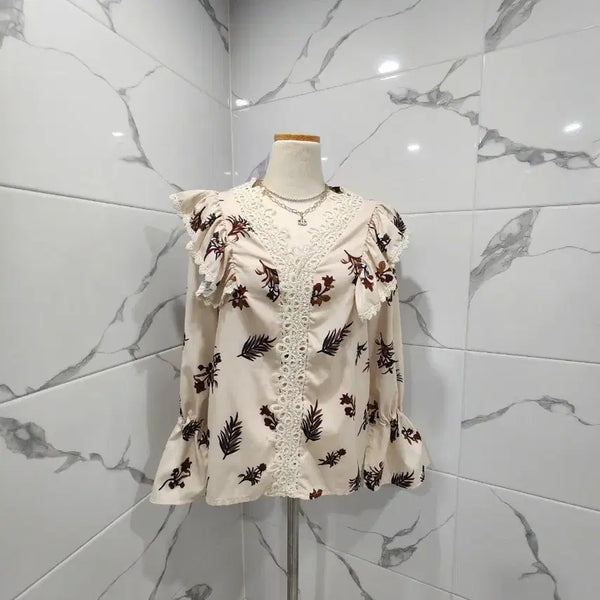 [BUNJANG] Patterned Blouse with Shirring Detail / 팔목셔링  패턴 여성블라우스
