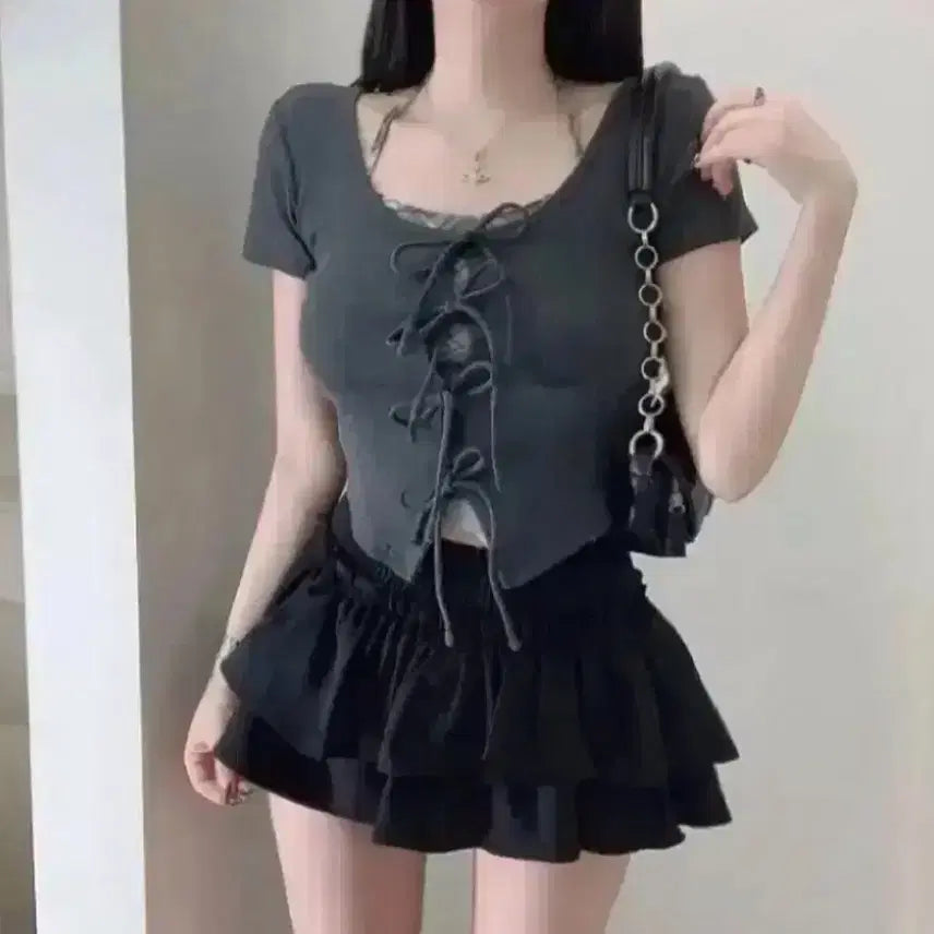 [BUNJANG] Layered Check Halterneck Ribbon Short Sleeve Blouse / 새상품 에이블리 레이어드 체크 홀터넥 나시 리본 반팔