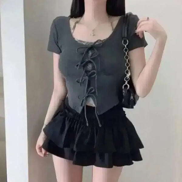 [BUNJANG] Layered Check Halterneck Ribbon Short Sleeve Blouse / 새상품 에이블리 레이어드 체크 홀터넥 나시 리본 반팔