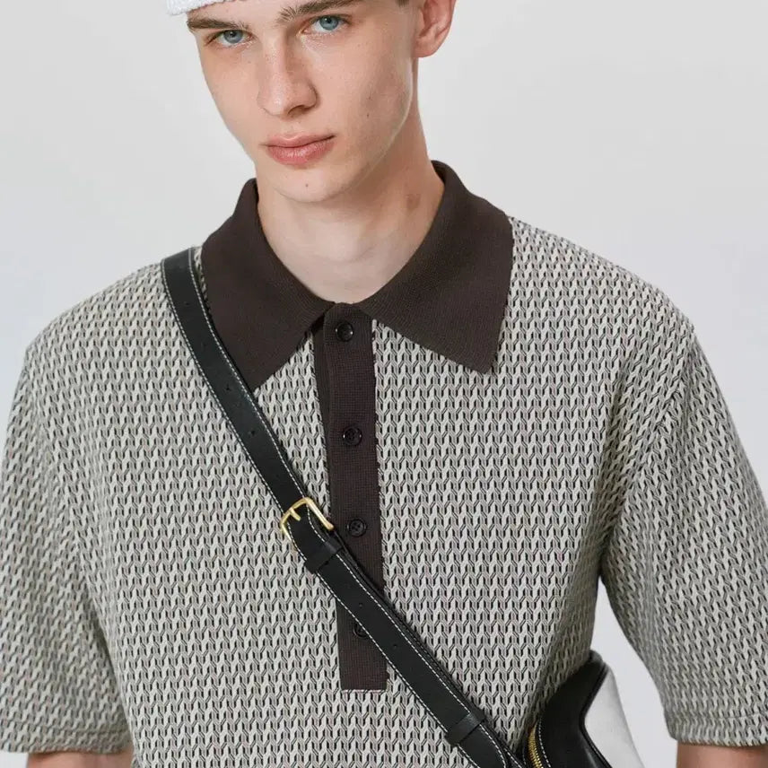 [BUNJANG] RECTO 22SS Brown Jacquard 30s Tennis Polo Knit M / 렉토 22SS 브라운 자카드 30s 테니스 폴로 니트 M
