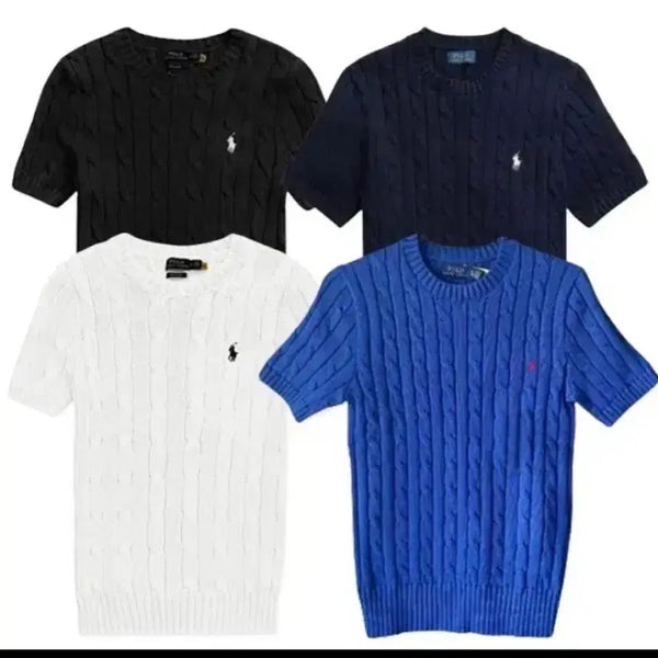 [BUNJANG] Polo Ralph Lauren Cable Knit Short Sleeve Sweater (Blue/Pink) / 폴로 케이블 반팔 니트 M,S 블루/핑크 새상품