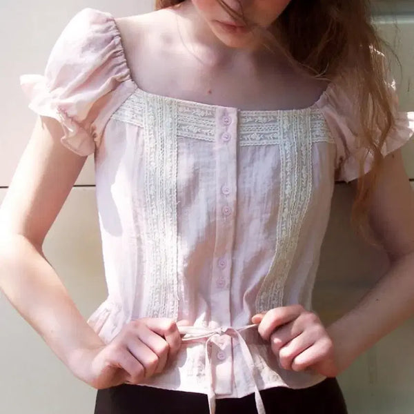[BUNJANG] Etmon Double Lace Square Blouse Pink / 새상품) 에트몽 더블 레이스 스퀘어 블라우스 핑크