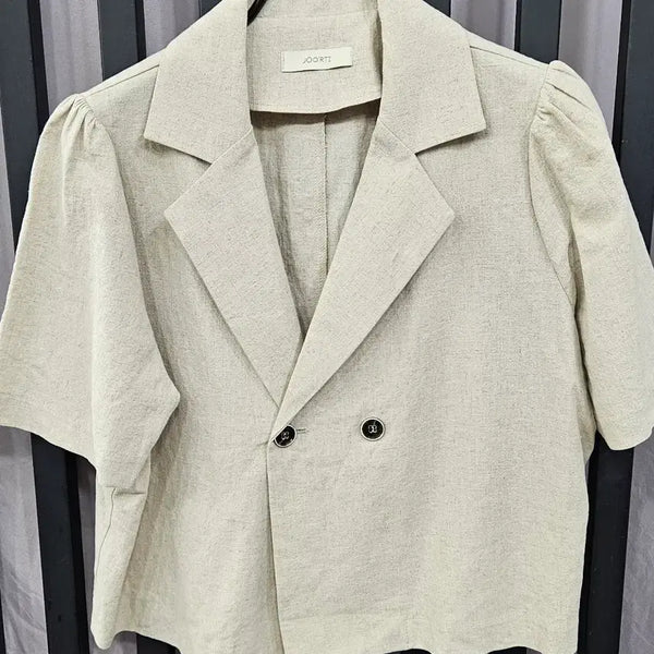 [BUNJANG] JOORTI Linen Blend Short Sleeve Cropped Jacket / [상태최상] 주르티 JOORTI 린넨 혼방 반팔 크롭 자켓 (F)