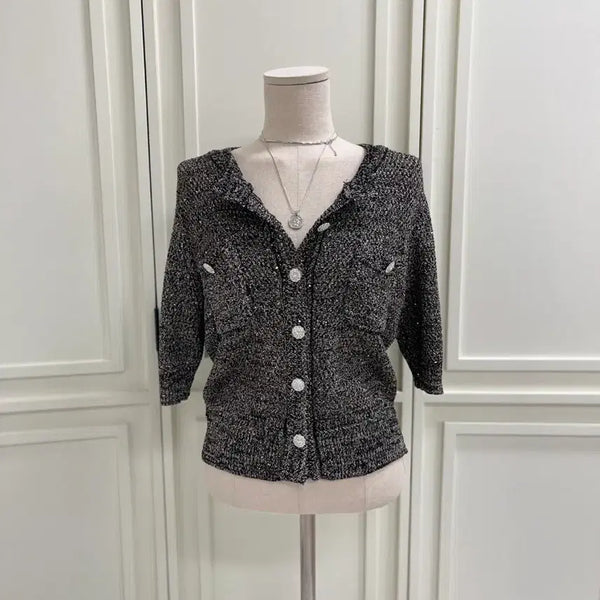 [BUNJANG] Pearl Tweed Short Sleeve Cardigan with Jewel Buttons / [새상품] 보석단추 펄 트위드 여름 반팔 가디건 수입의류