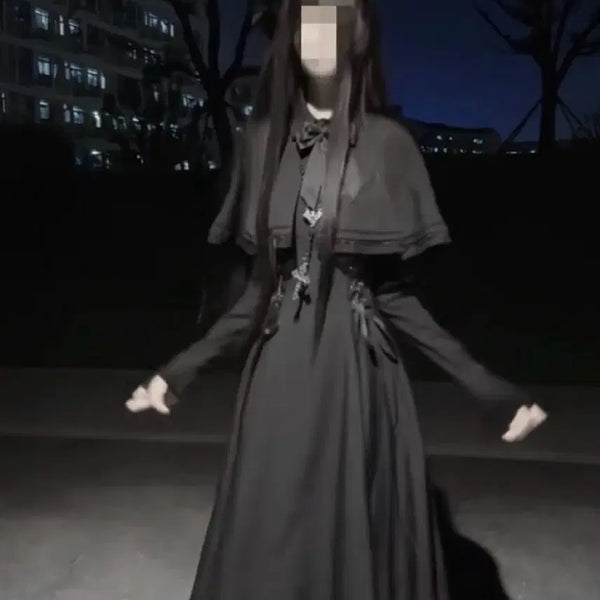 [BUNJANG] Goth Lolita Black Cape Cloak Dress / 고스로리 블랙 케이프 망토 원피스