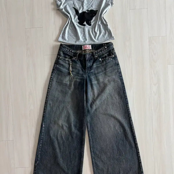 [BUNJANG] OOTJ Low Rise Washed Denim Co-ord Set / ootj 로우라이즈 워싱 데님 새상품 코디 세트