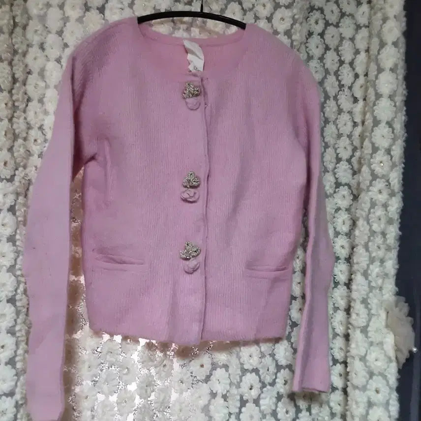 [BUNJANG] Obzee Pink Jewel Button Cardigan / 한섬 오브제 핑크색 보석 단추 가디건