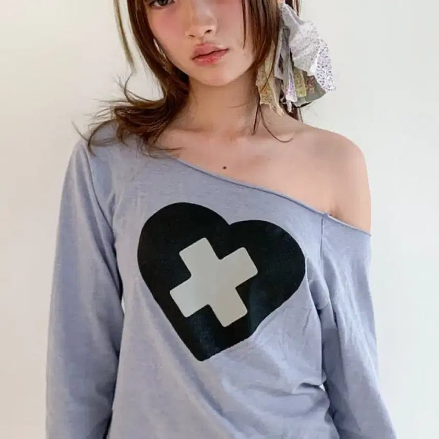 [BUNJANG] Shop Fairy Cross Cut-off T-Shirt Blue / 샵페어리 크로스 하트 컷오프 티셔츠 블루
