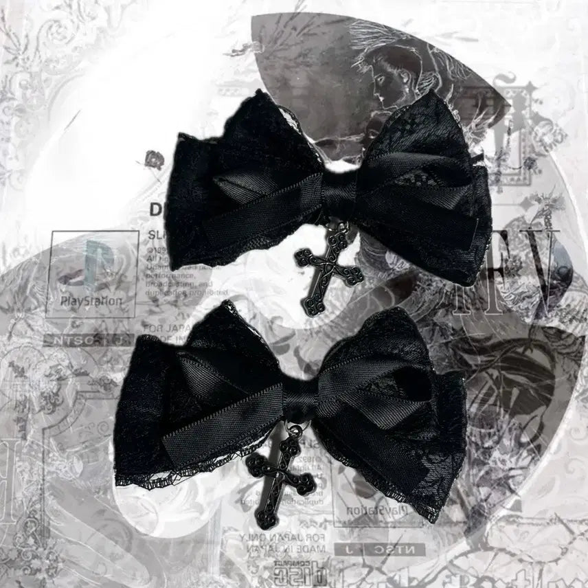 [BUNJANG] Gothic Cross Ribbon Hairpin / 고스로리 고딕 십자가 리본 머리핀 머리 장식 오시카츠 오타카츠