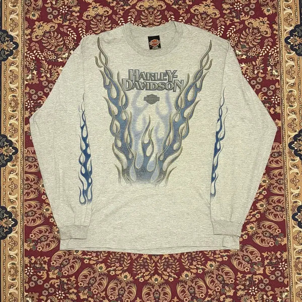 [BUNJANG] Vintage 90s Harley-Davidson Blue Flame Long Sleeve T-Shirt XL / [XL] 90s 빈티지 할리데이비슨 블루 플레임 롱슬리브
