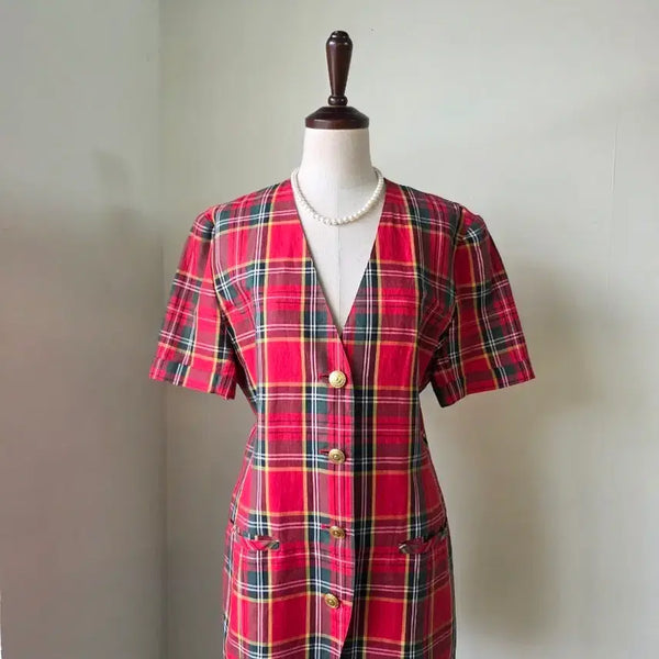 [BUNJANG] Checkered Gold Button Short Sleeve Jacket / 체크 금장 버튼 반팔 자켓