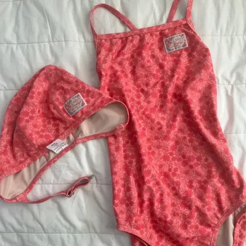 [BUNJANG] Looploop Vintage Peony Swimsuit M + Cap Set / 루프루프 빈티지 피오니 수영복M+수모