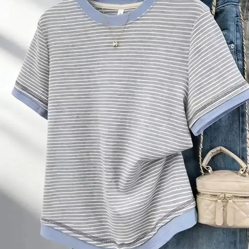 [BUNJANG] Striped Short Sleeve T-Shirt Gray / 새상품 스트라이프 반팔 티셔츠 그레이