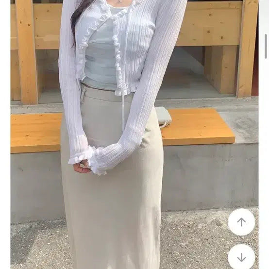 [BUNJANG] Modern Robe Basil Maxi Long Skirt & Elder Nep Frill Ribbed Cardigan Set / 모던로브 바질맥시롱스커트, 엘더늘프릴골지가디건