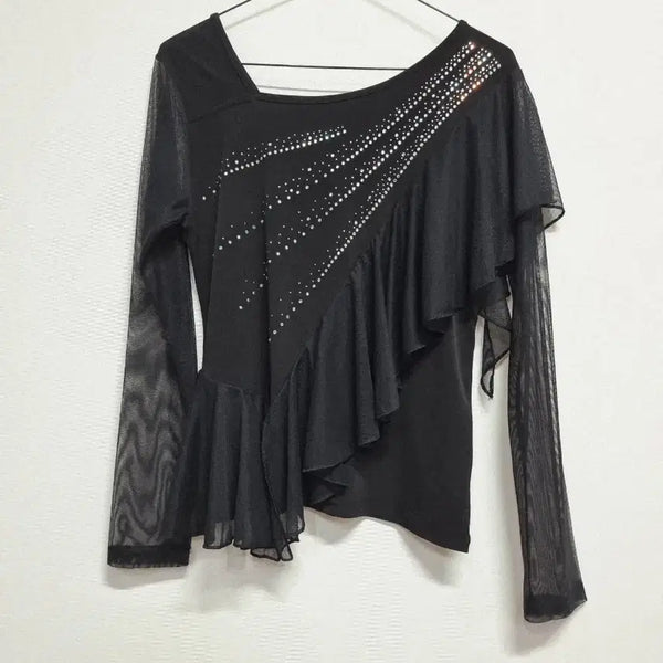 [BUNJANG] Black Mesh Dance Top with Rhinestones and Frills / 블랙 망사 댄스 의상 상의