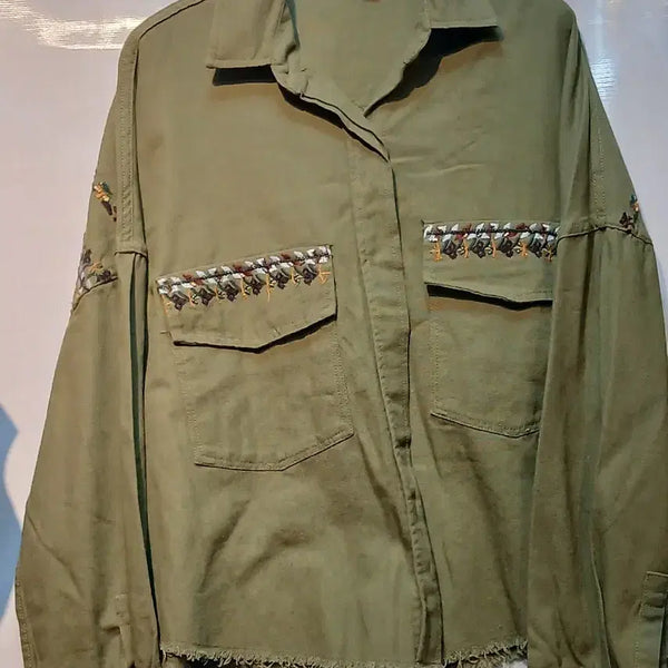 [BUNJANG] ZARA Embroidered Cropped Shirt Olive Green / 자라 셔츠 올리브 그린 자수 크롭 기장