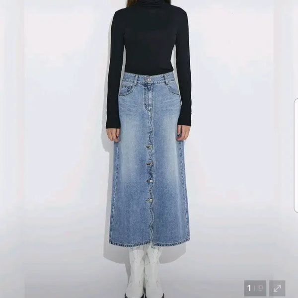 [BUNJANG] Lucky Chouette Denim Long Skirt / 럭키슈에뜨 데님 스커트