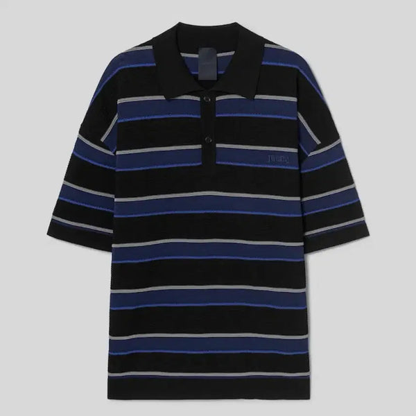 [BUNJANG] Juun.J Striped T-Collar Knit Blue L / 준지 티칼라 스트라이프 니트 블루 (L)