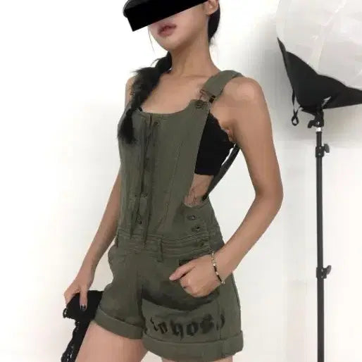 [BUNJANG] Toyosat Khaki Lace-up Overalls Shorts / Toyosat 카키 레이스업 멜빵 오버롤 숏팬츠 파우닝 모리shop502