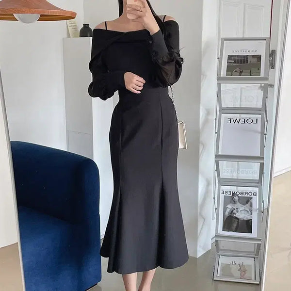 [BUNJANG] Eeyou Black Off-Shoulder Puff Sleeve Long Dress / Eeyou 블랙 오프숄더 퍼프소매 고급원피스